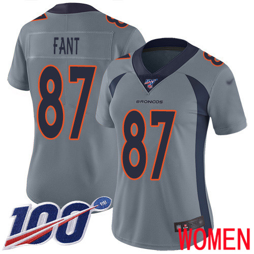 Women Denver Broncos #87 Noah Fant Limited Silver Inverted Legend 100th Season Football NFL Jersey->women nfl jersey->Women Jersey